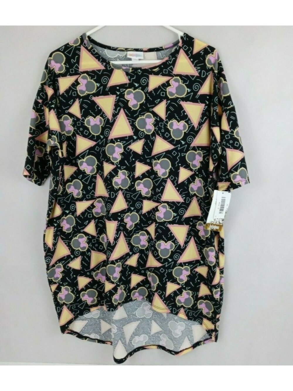 NWT Disney Lularoe Irma Tunic Black With Yellow & Pink Minnie Mouse Design Sz S
